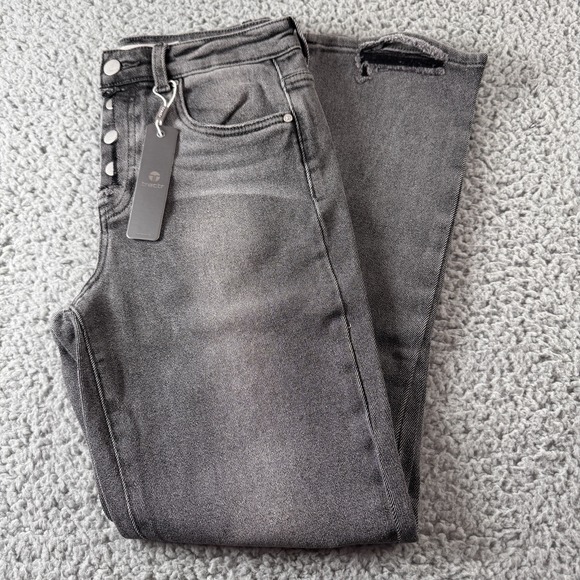 Tractr Button Me Up Grey High Rise Stretch Distressed Crop Jeans Sz 4/27 NWT - Picture 3 of 13